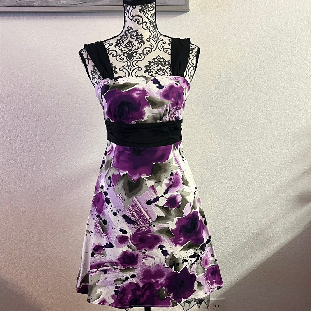 Iz Byer Black and Purple Floral Mini Dress